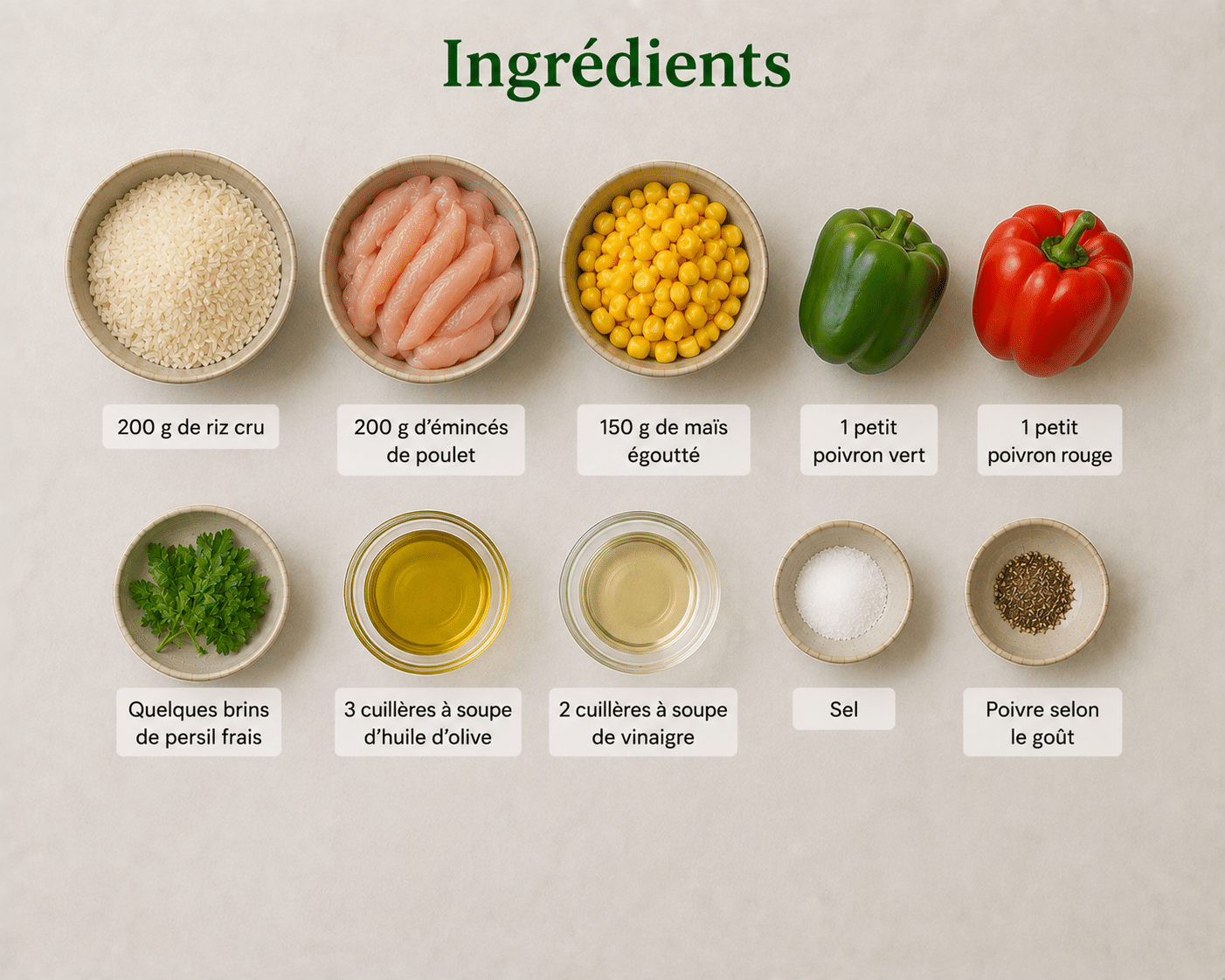 La Liste des Ingrédients : Salade de Riz au Poulet et aux Poivrons : la recette fraîche, complète et colorée de l’été