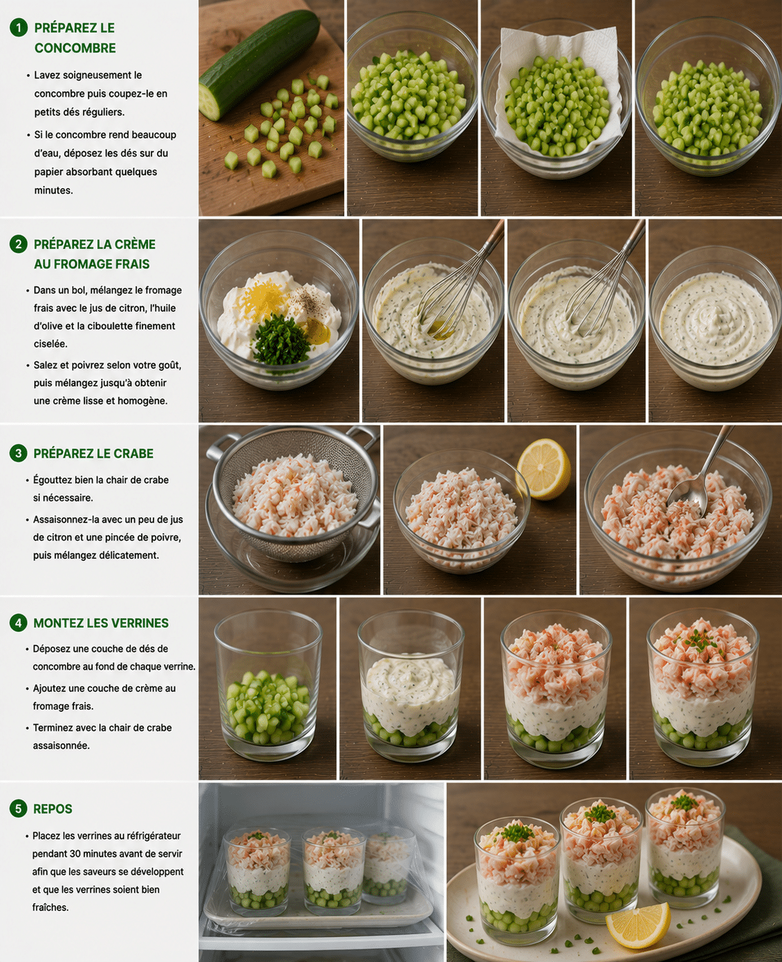Le Guide de Préparation Étape par Étape: Verrines Concombre Crabe Fromage Frais : l’entrée fraîche, élégante et légère de l’été Le Guide de Préparation Étape par Étape: Verrines Concombre Crabe Fromage Frais : l’entrée fraîche, élégante et légère de l’été