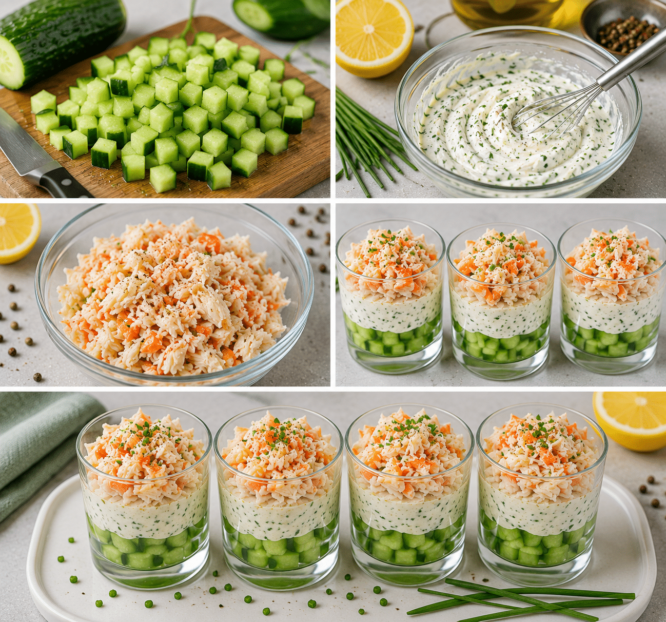 Verrines Concombre Crabe Fromage Frais : l’entrée fraîche, élégante et légère de l’été Verrines Concombre Crabe Fromage Frais : l’entrée fraîche, élégante et légère de l’été