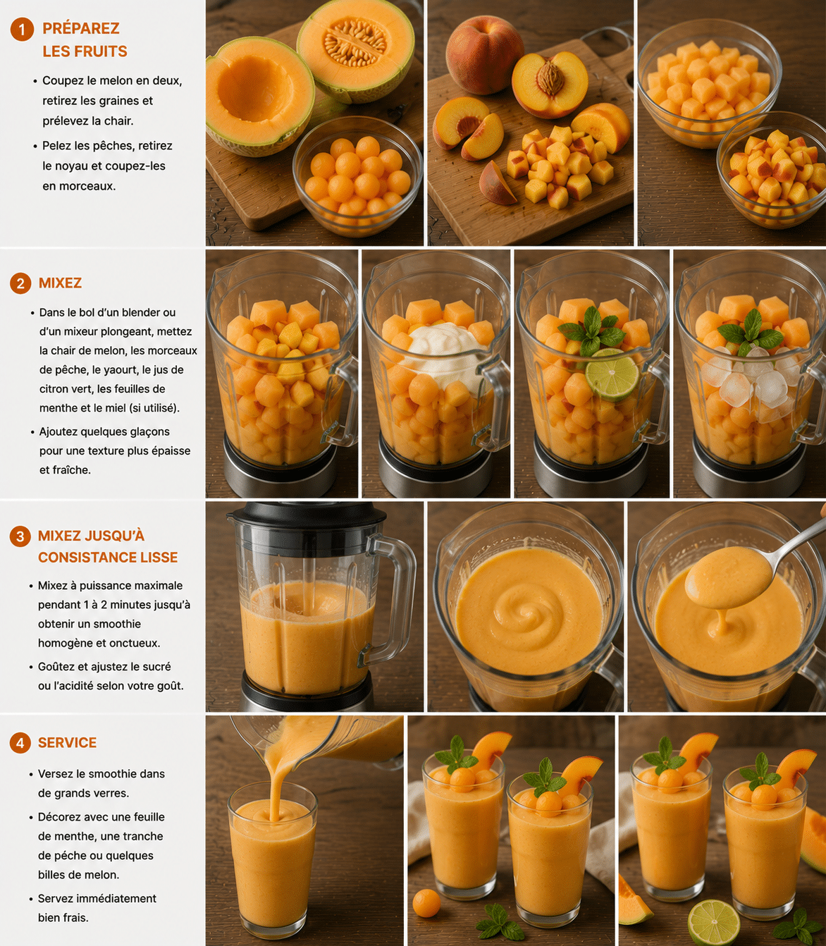 Le Guide de Préparation Étape par Étape: Smoothie Melon Pêche : la boisson fraîche, fruitée et désaltérante de l’été Le Guide de Préparation Étape par Étape: Smoothie Melon Pêche : la boisson fraîche, fruitée et désaltérante de l’été