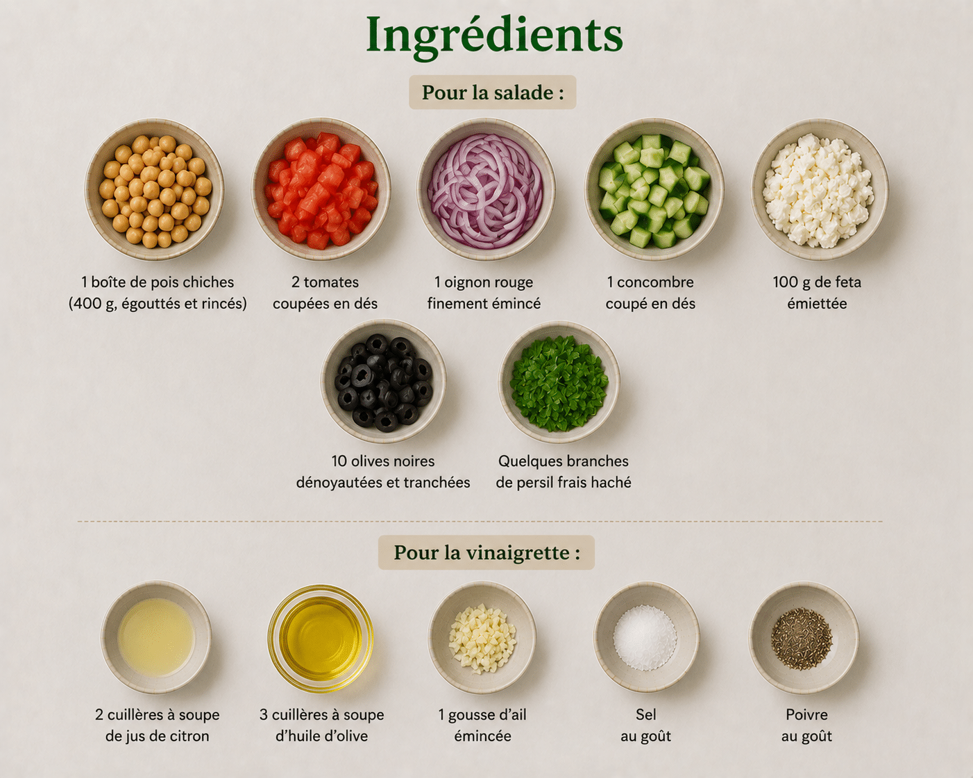 La Liste des Ingrédients : Salade Grecque aux Pois Chiches : la recette fraîche, colorée et complète de l’été