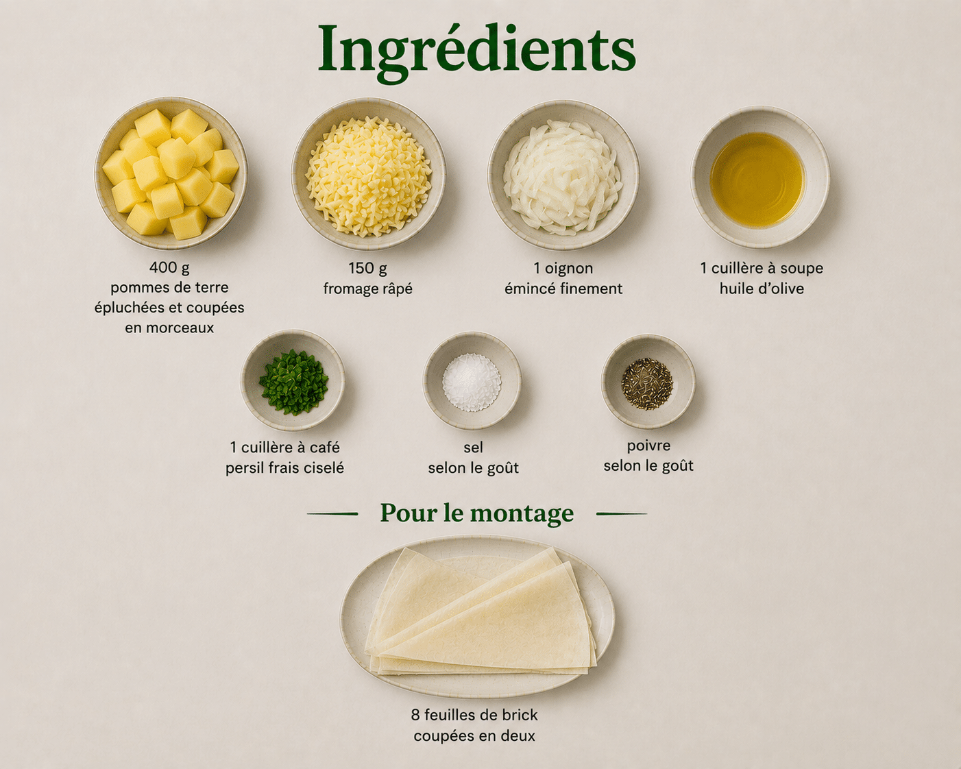 La Liste des Ingrédients : Samoussas Pomme de Terre et Fromage : croustillants, fondants et parfaits pour l’apéritif