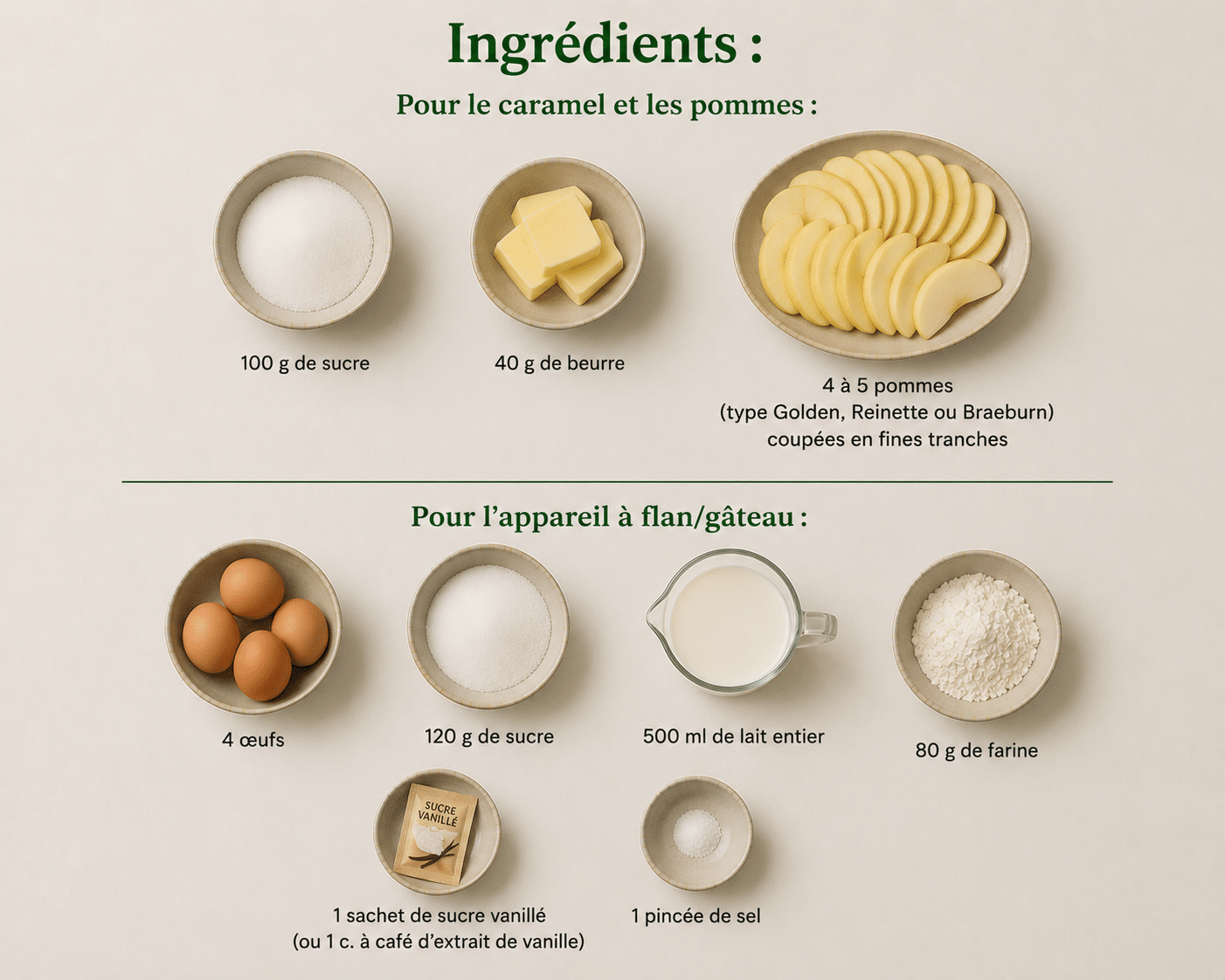 La Liste des Ingrédients : Gâteau Flan aux Pommes Caramélisées : le dessert fondant et irrésistible qui fait fondre tout le monde