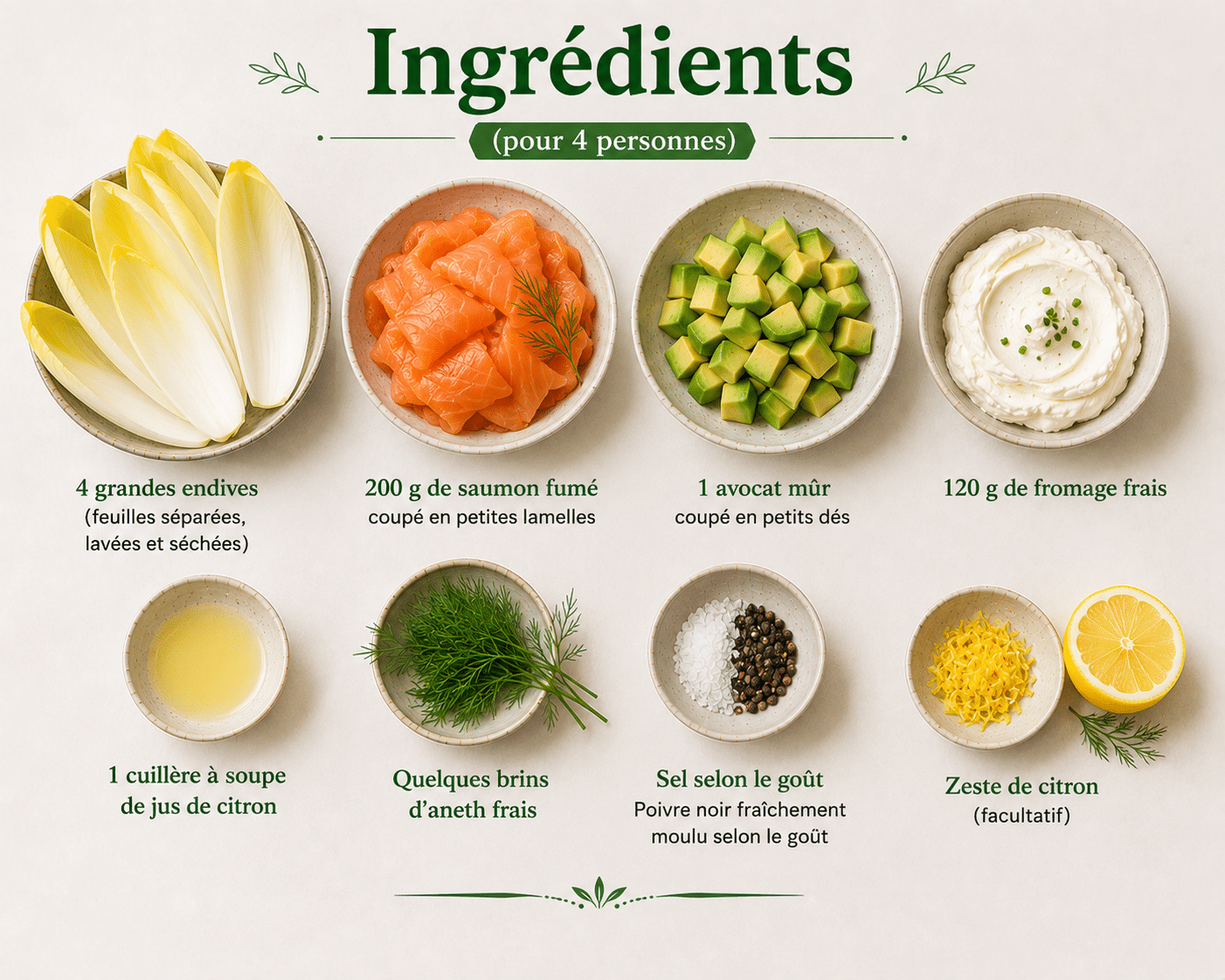 La Liste des Ingrédients : Barquettes d’Endives au Saumon Fumé, Avocat et Fromage Frais : l’entrée fraîche, élégante et raffinée de l’été