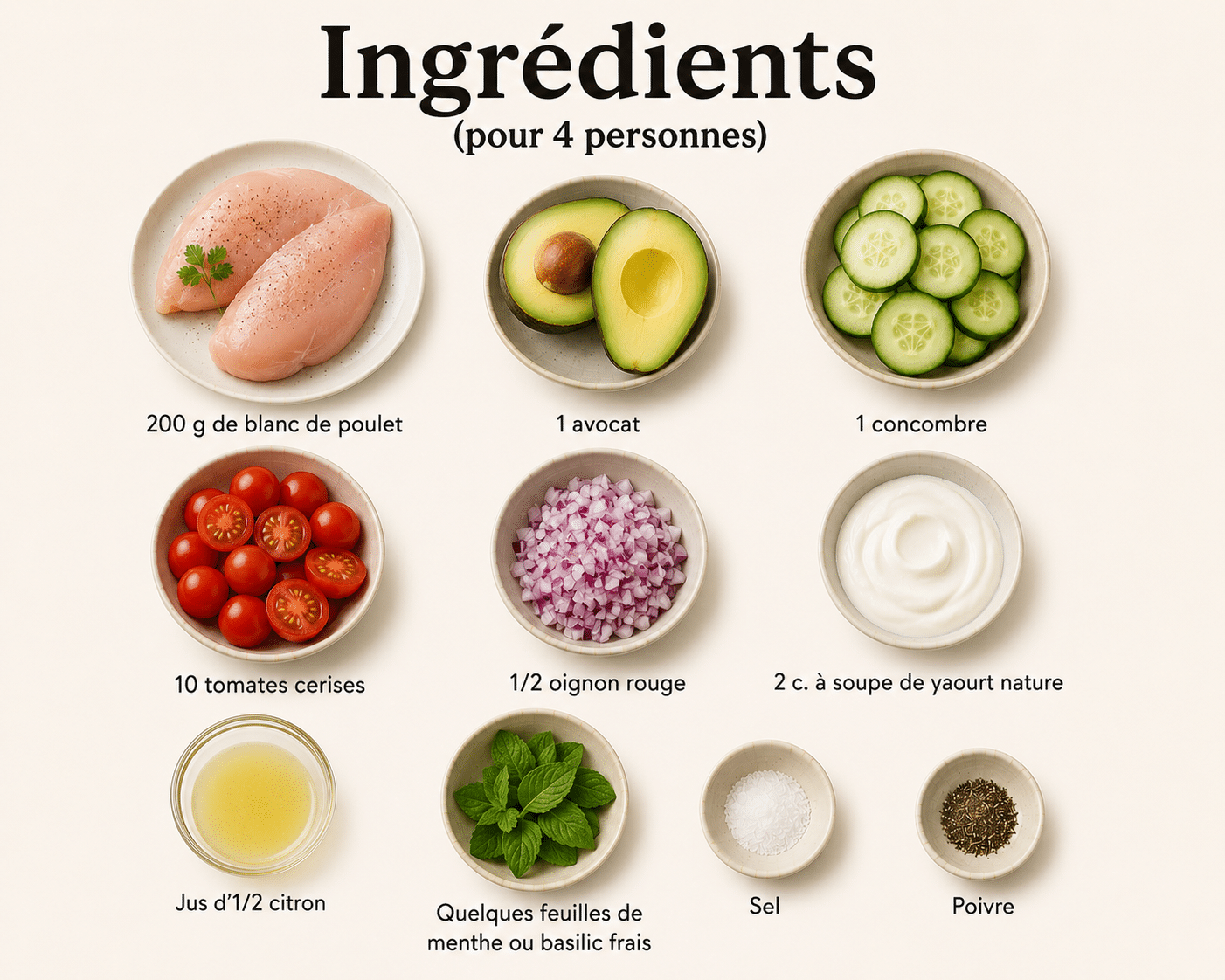 La Liste des Ingrédients : Salade Poulet Avocat Minceur : la recette légère, rassasiante et pleine de saveurs pour un repas équilibré