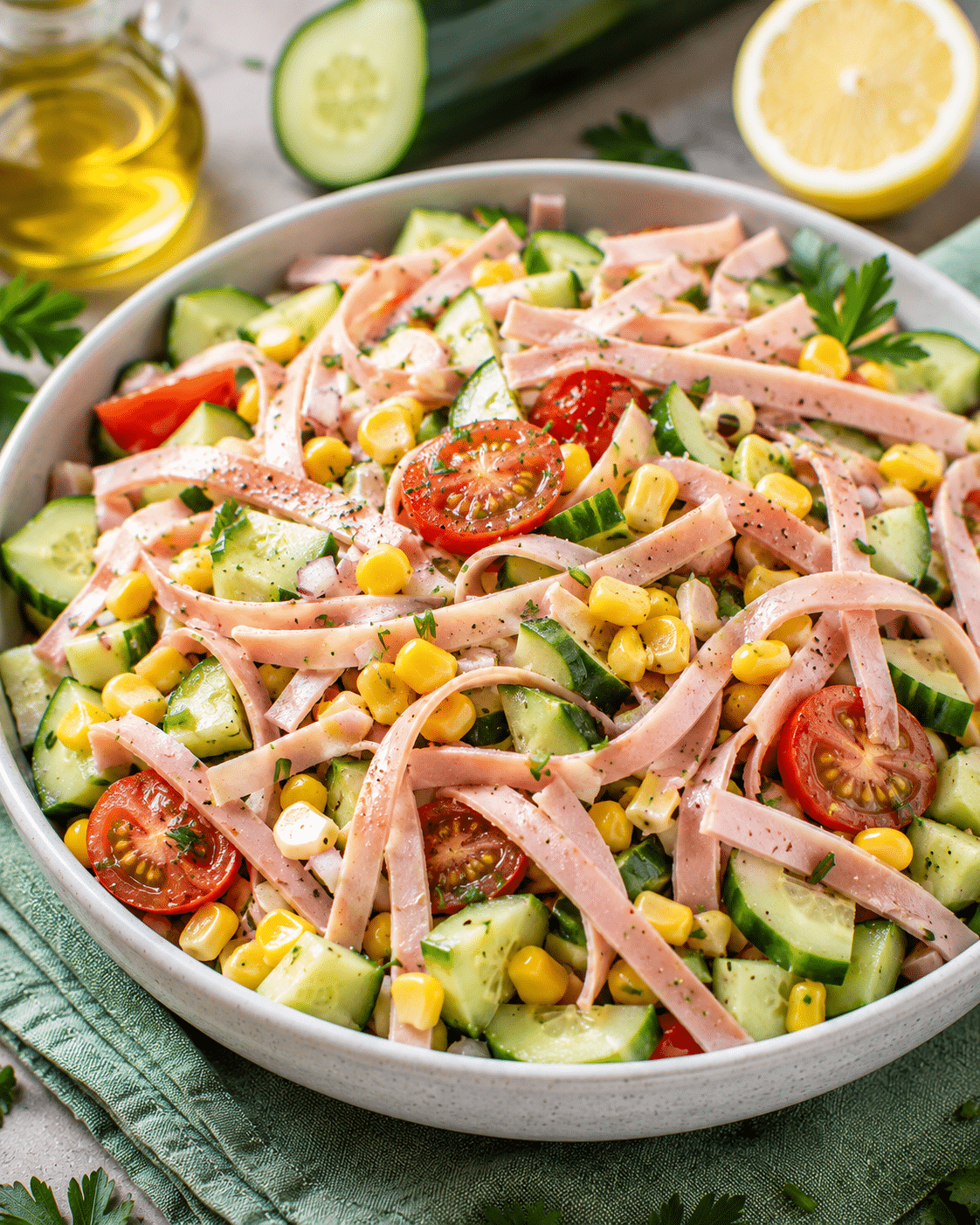 Salade Minceur de Tagliatelles de Jambon, Concombre et Maïs