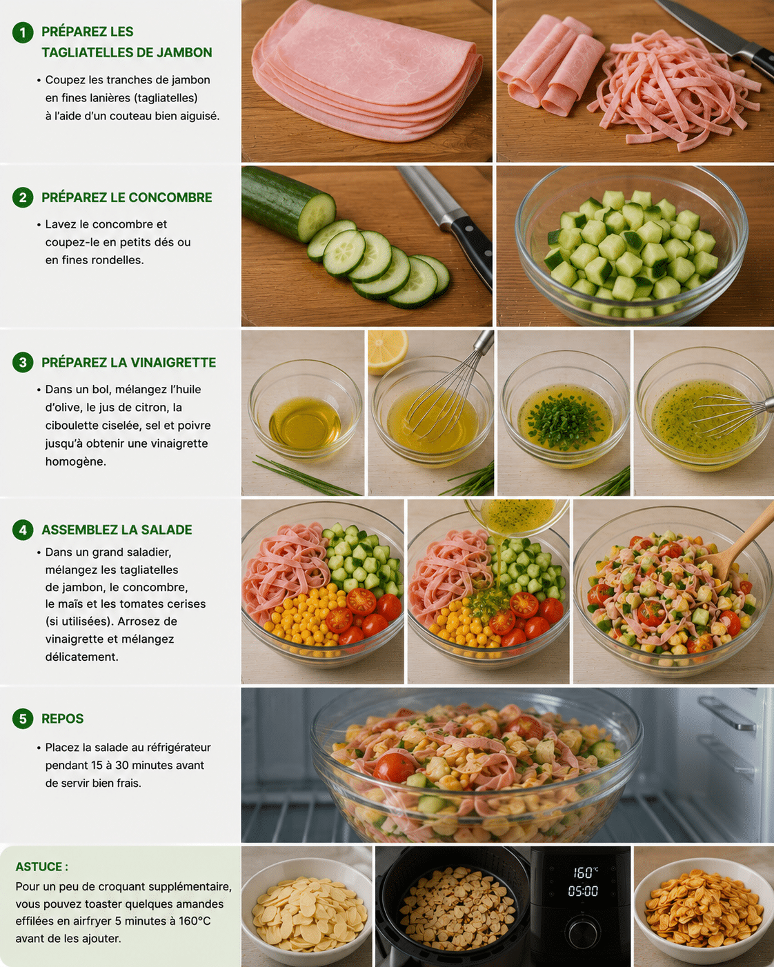 Le Guide de Préparation : Salade Minceur de Tagliatelles de Jambon, Concombre et Maïs : la recette légère, fraîche et gourmande de l’été
