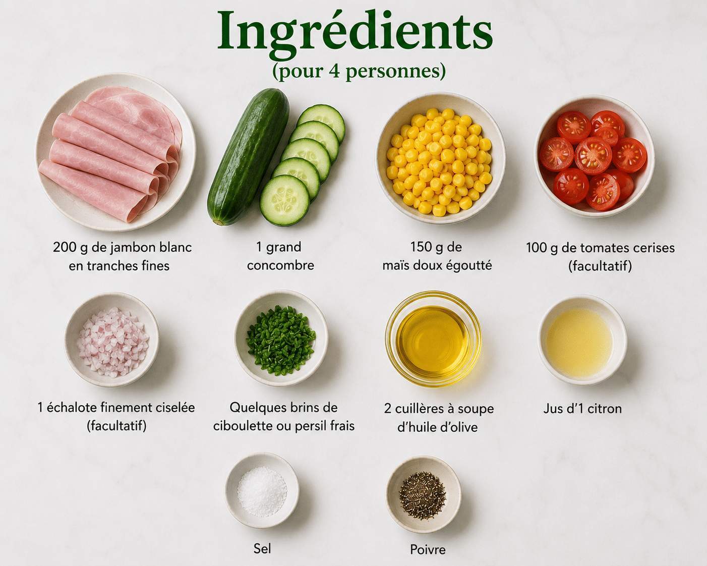 La Liste des Ingrédients : Salade Minceur de Tagliatelles de Jambon, Concombre et Maïs : la recette légère, fraîche et gourmande de l’été