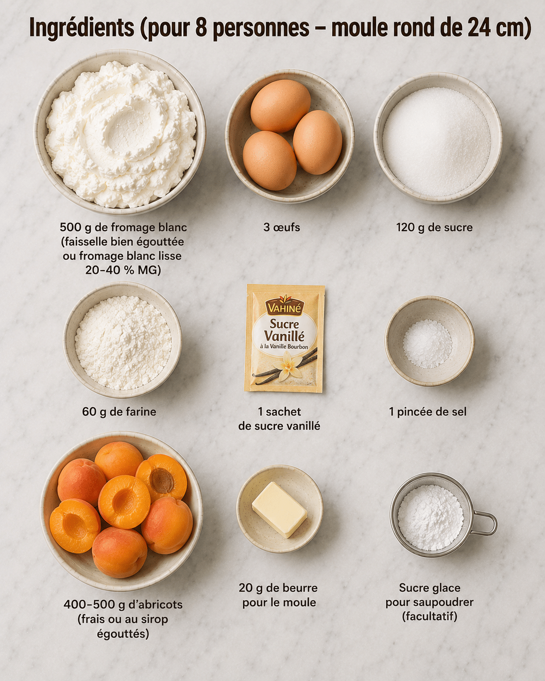 La Liste des Ingrédients : Gâteau au Fromage Blanc et Abricots : le dessert moelleux, léger et fondant comme un flan