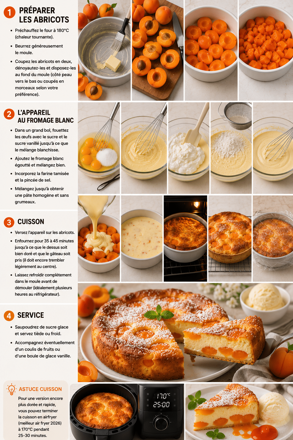 Le Guide de Préparation : Gâteau au Fromage Blanc et Abricots : le dessert moelleux, léger et fondant comme un flan
