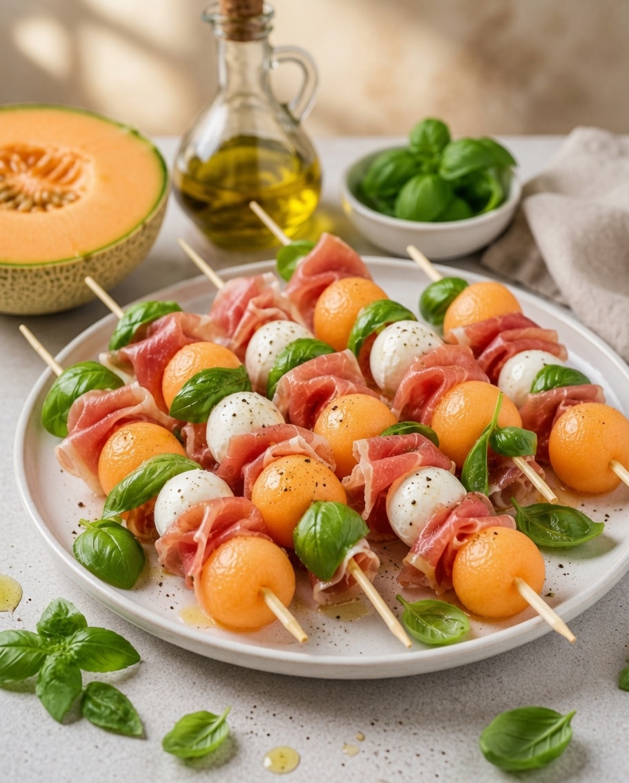 Brochettes Melon, Jambon Cru et Mozzarella
