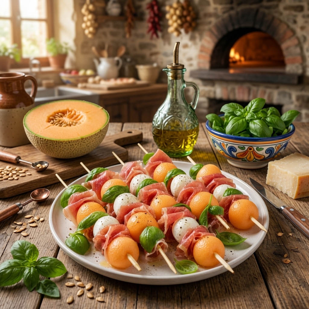 Brochettes Melon, Jambon Cru et Mozzarella : les bouchées fraîches