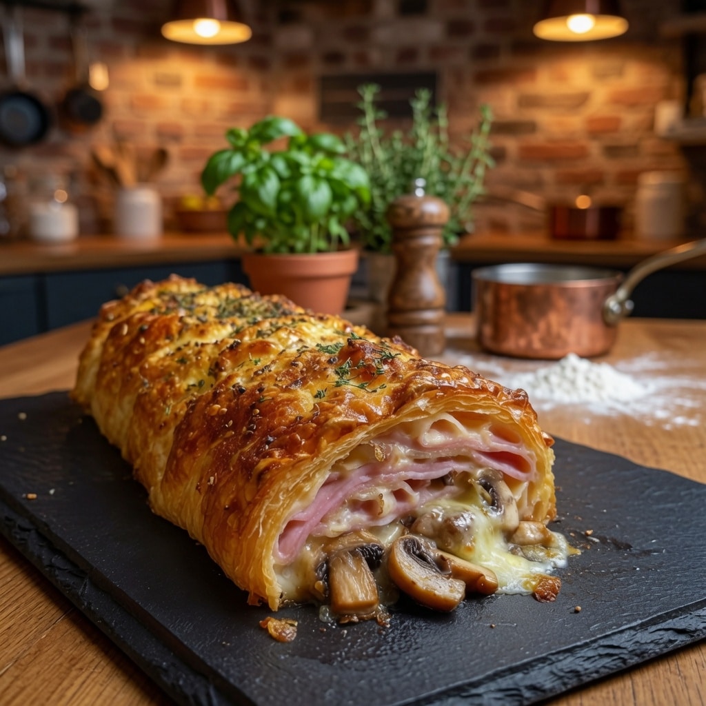 Feuilleté Crémeux au Jambon, Fromage et Champignons : la recette dorée et fondante qui fait craquer
