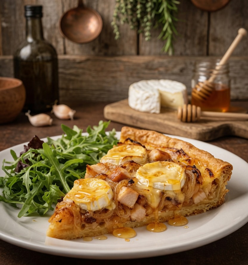 Tarte aux Oignons Caramélisés, Poulet, Chèvre et Miel