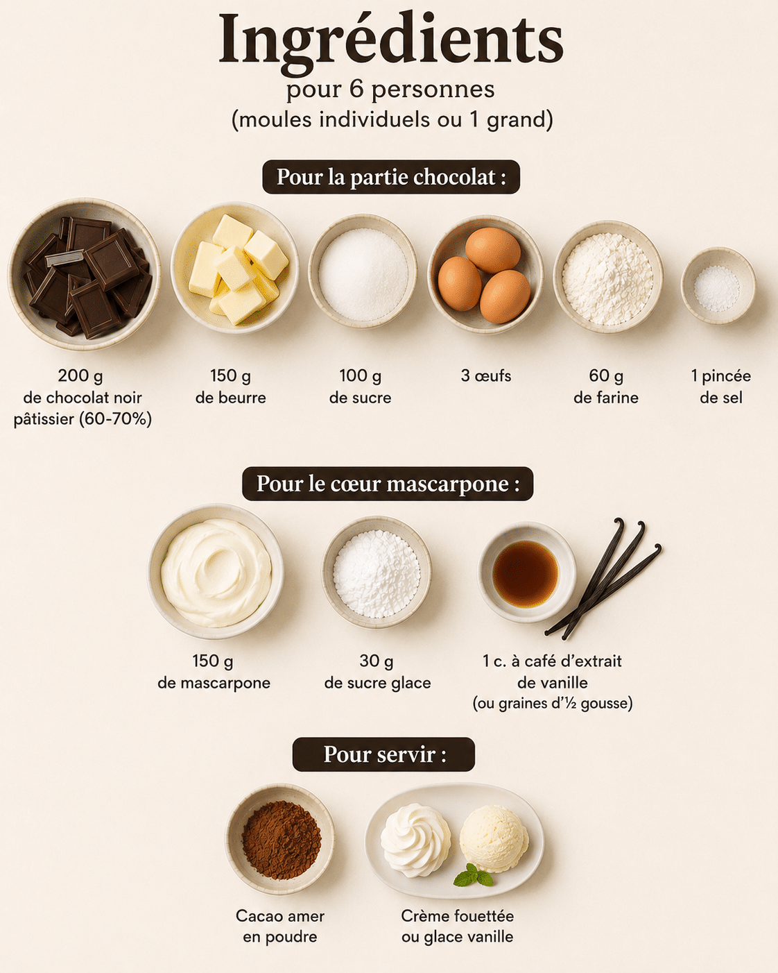 La Liste des Ingrédients : Fondant Chocolat Mascarpone : le gâteau ultra fondant avec cœur coulant qui fait fondre tout le monde