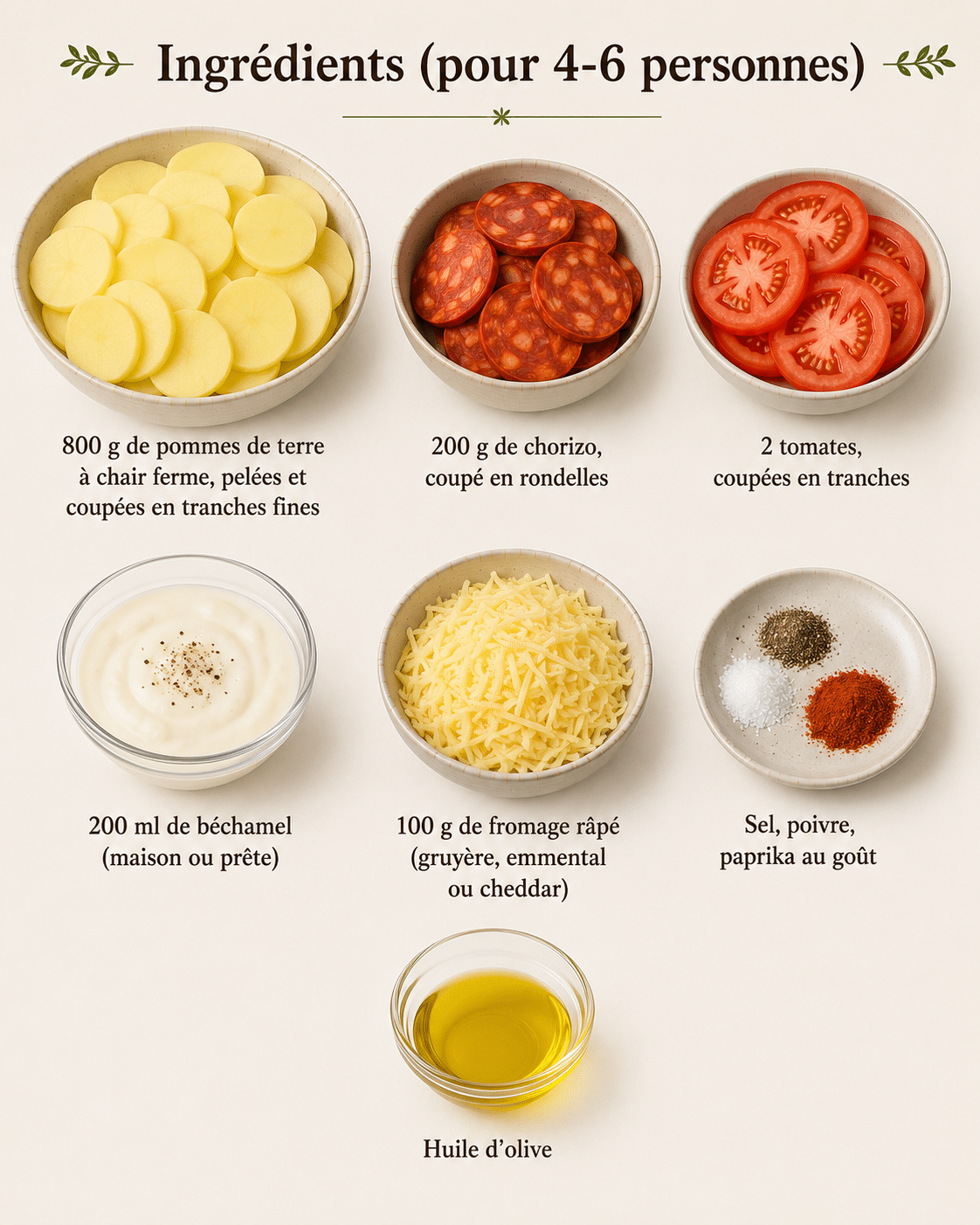 La Liste des Ingrédients : Gratin de Pommes de Terre, Chorizo, Tomate et Béchamel : le plat réconfortant et épicé qui fait l’unanimité