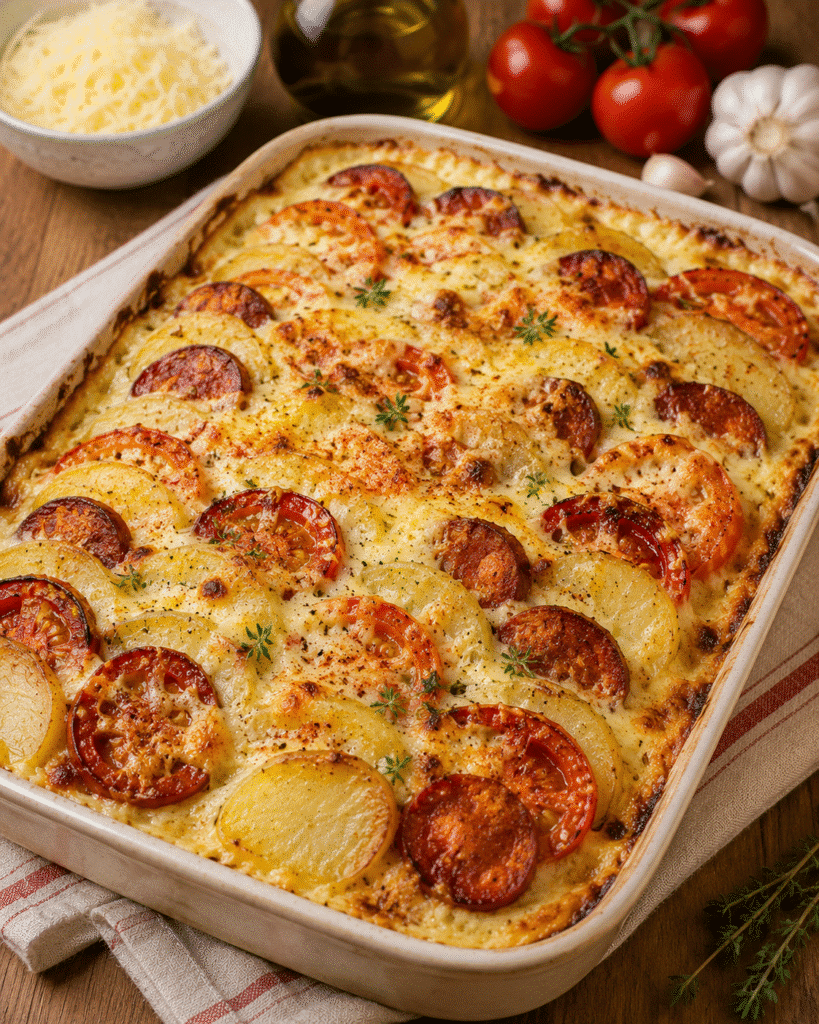 Gratin de Pommes de Terre, Chorizo, Tomate et Béchamel : l