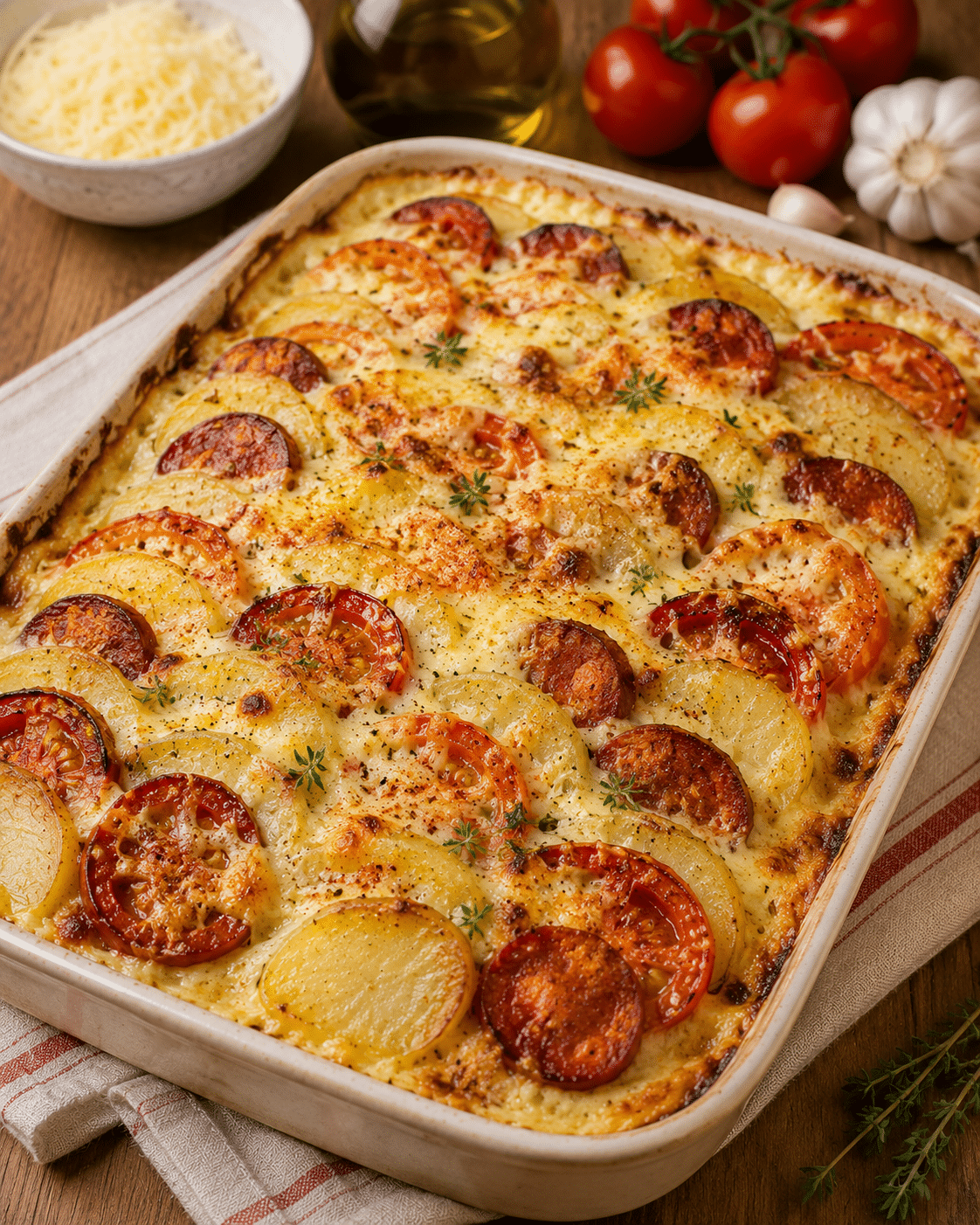 Gratin de Pommes de Terre, Chorizo, Tomate et Béchamel : l