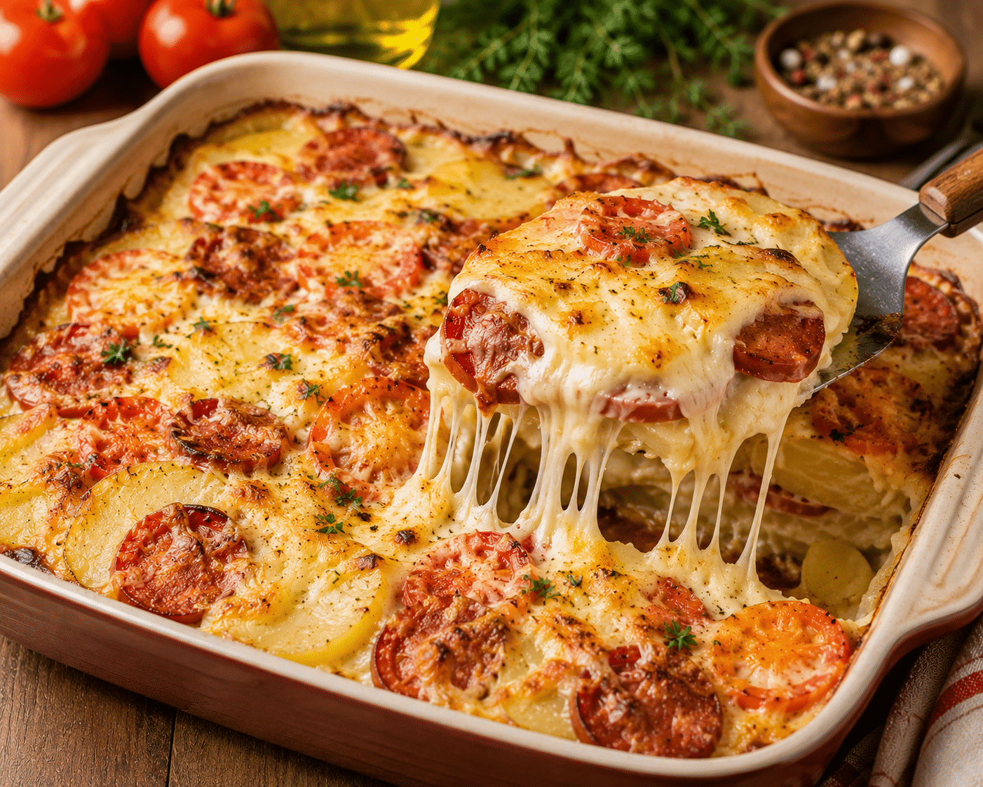 Gratin de Pommes de Terre, Chorizo, Tomate et Béchamel : le plat réconfortant et épicé qui fait l’unanimité