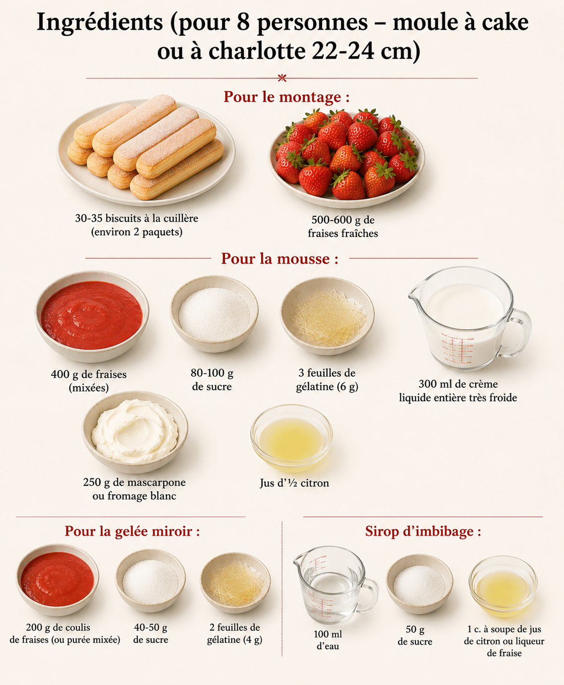 La Liste des Ingrédients : Bavarois aux Fraises et Biscuits à la Cuillère (Sans Cuisson) : le dessert frais, élégant et ultra facile de l’été