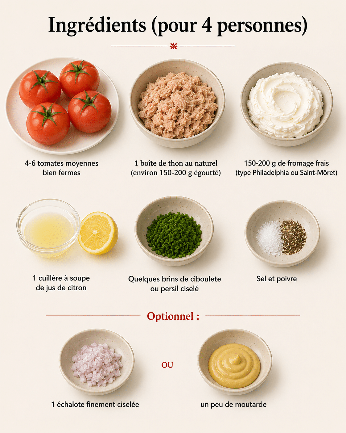 La Liste des Ingrédients : Tomates Farcies à la Mousse de Thon et Fromage Frais : l’entrée fraîche, légère et gourmande de l’été