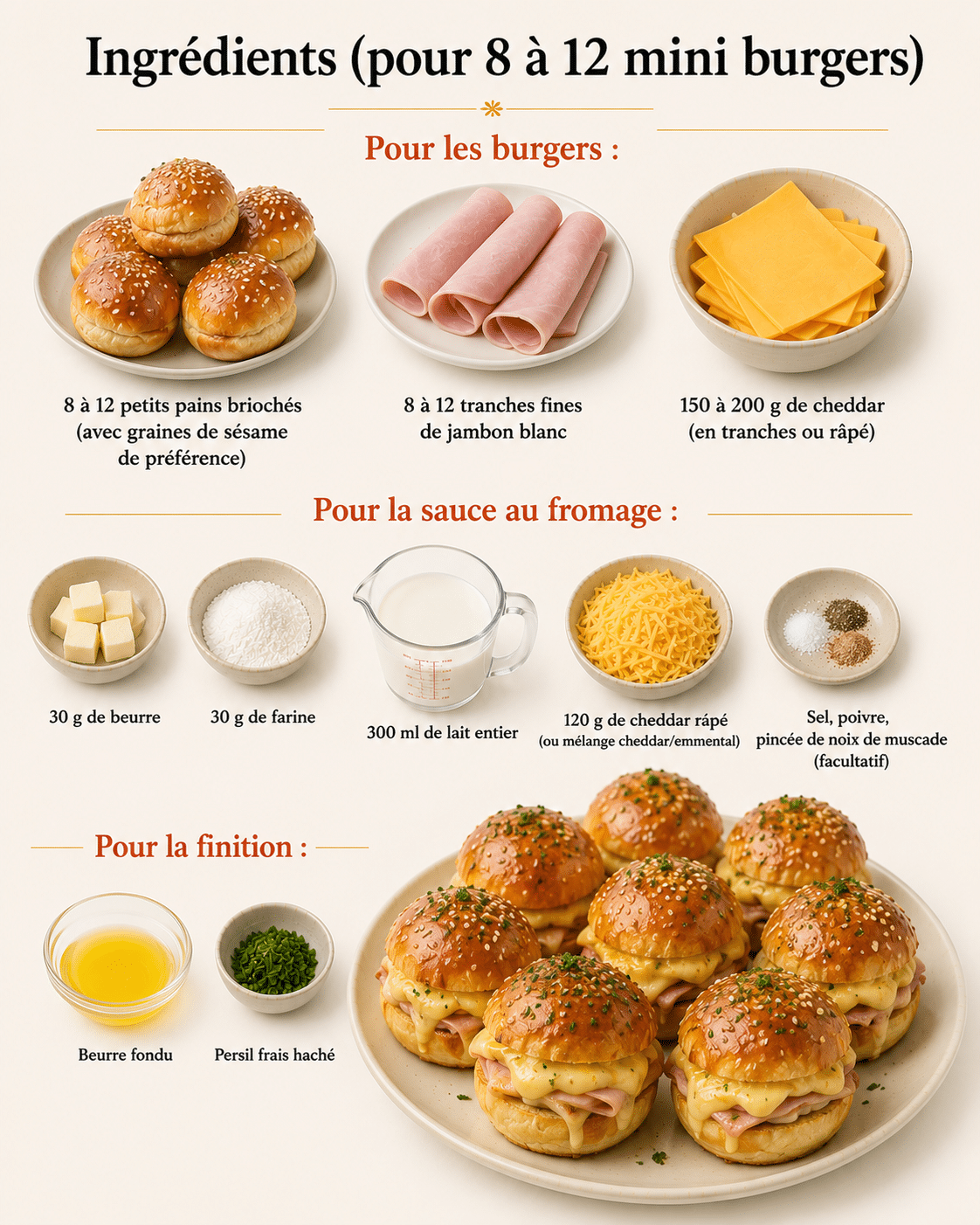 La Liste des Ingrédients : Mini Burgers Briochés au Jambon, Cheddar et Sauce au Fromage : les bouchées gourmandes parfaites pour l’apéritif