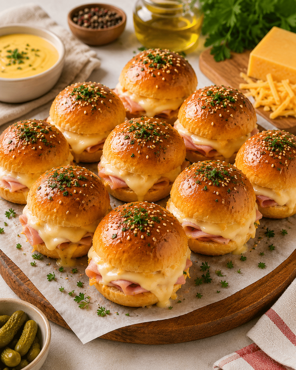 Mini Burgers Briochés au Jambon, Cheddar et Sauce au Fromage : les bouchées gourmandes parfaites pour l’apéritif