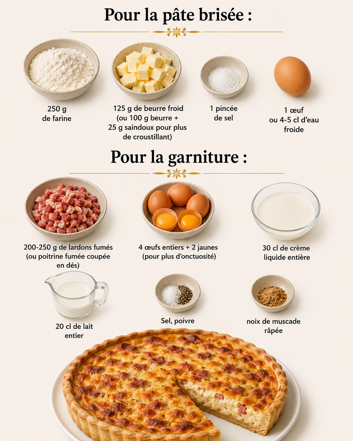 La Liste des Ingrédients : Véritable Quiche Lorraine Traditionnelle et Crémeuse : la recette authentique qui fait l’unanimité