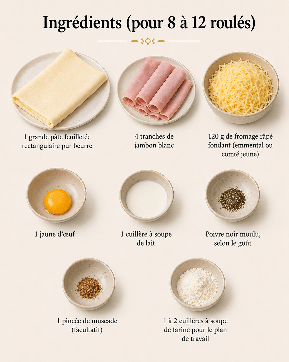 La Liste des Ingrédients : Roulés Feuilletés au Jambon et au Fromage : croustillants et fondants, parfaits pour l’apéritif