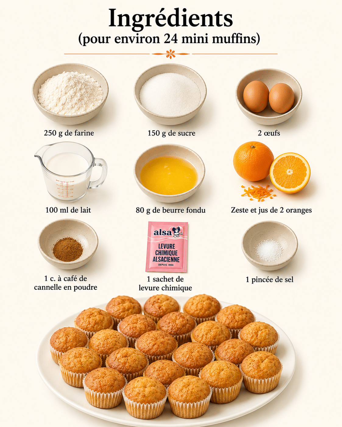 La Liste des Ingrédients : Mini Muffins Orange-Cannelle : les petites douceurs moelleuses et parfumées de l’automne