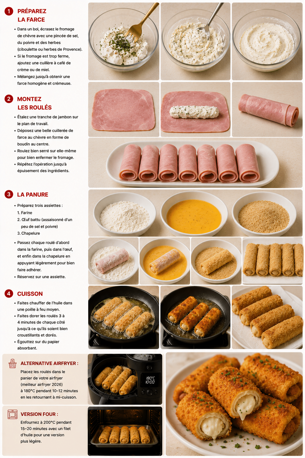 Le Guide de Préparation : Roulés croustillants au jambon et chèvre frais, panure dorée et cœur fondant