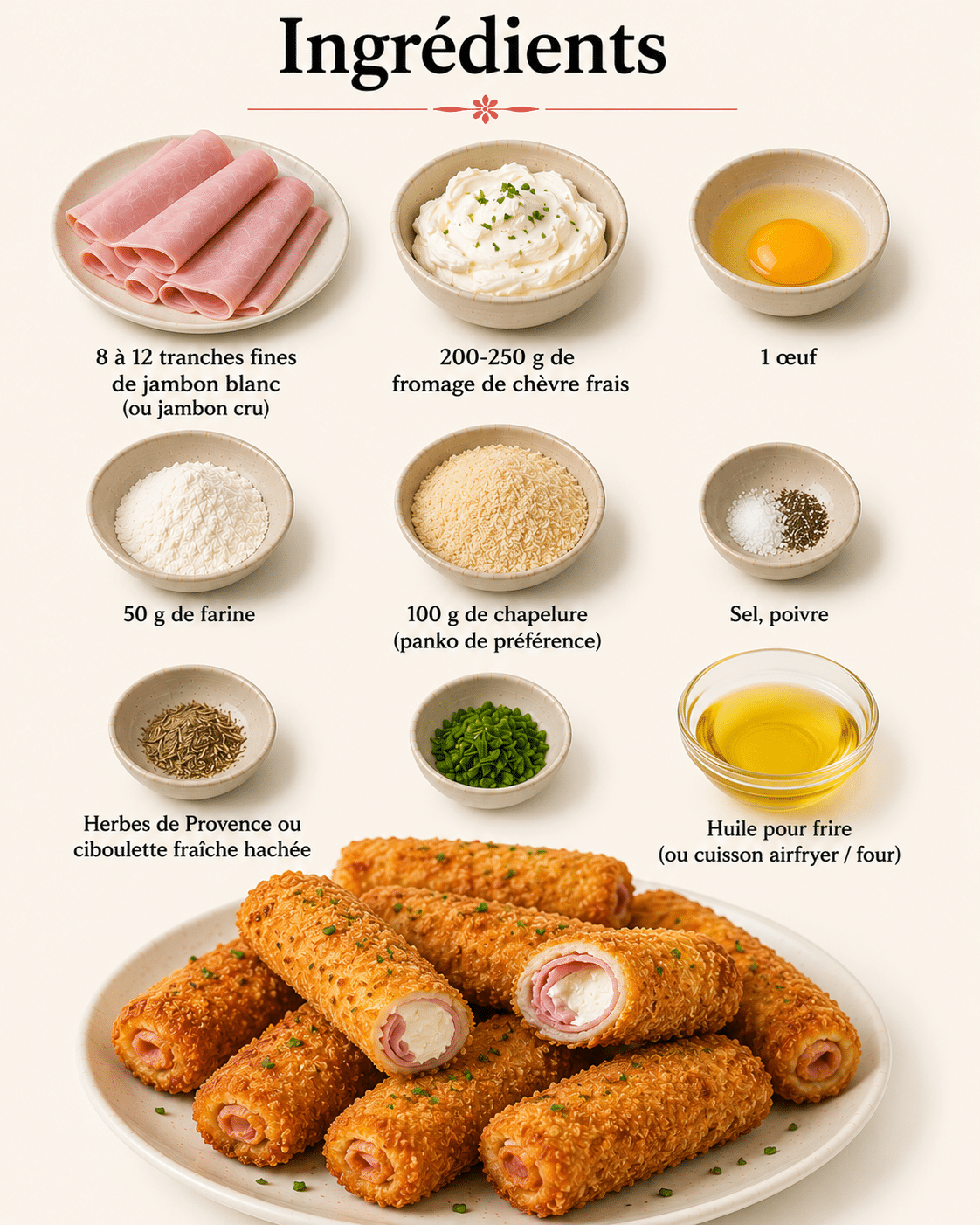 La Liste des Ingrédients : Roulés croustillants au jambon et chèvre frais, panure dorée et cœur fondant