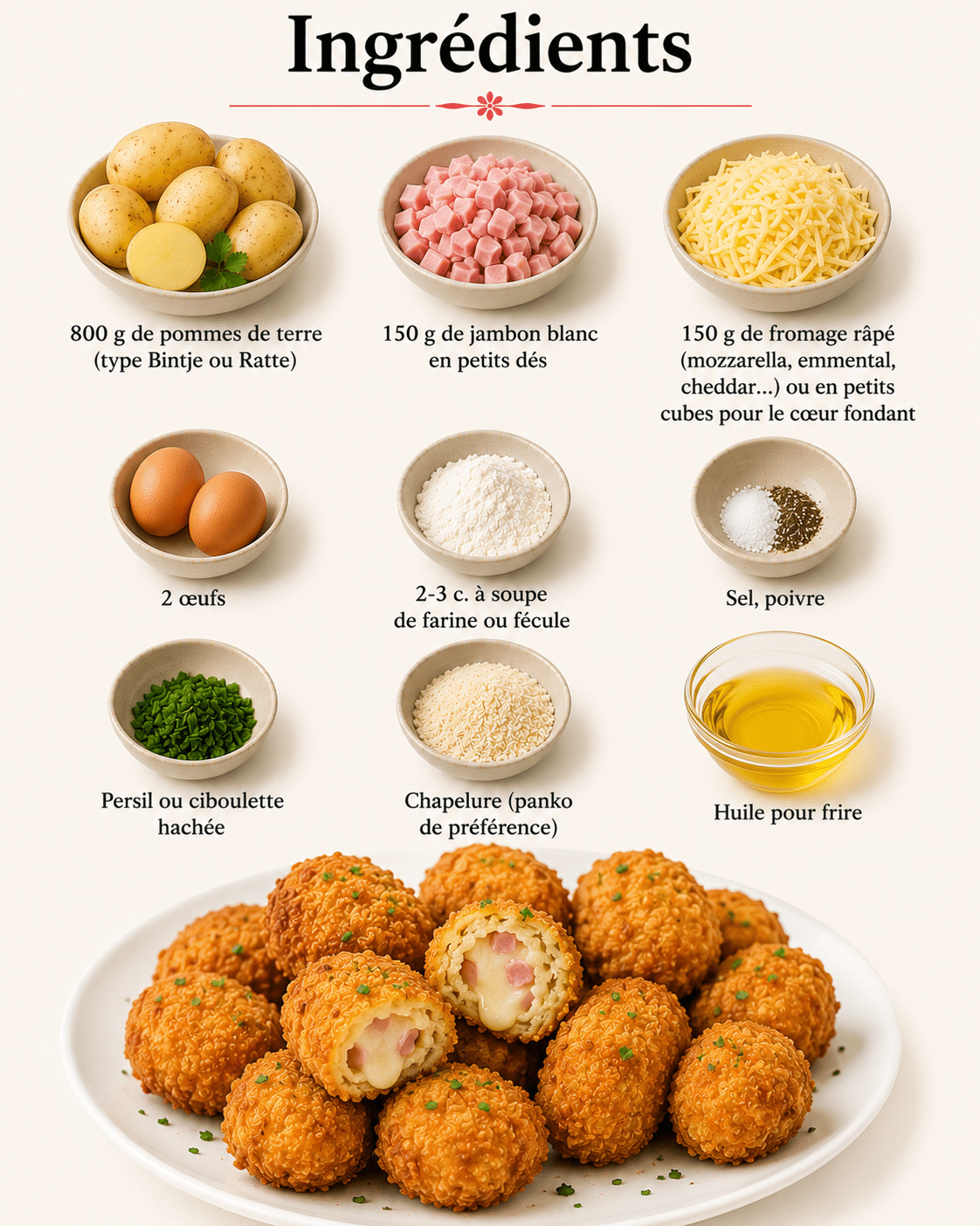 La Liste des Ingrédients : Croquettes de Pommes de Terre au Jambon et Fromage (Cœur Fondant) : le plaisir croustillant qui fait fondre tout le monde