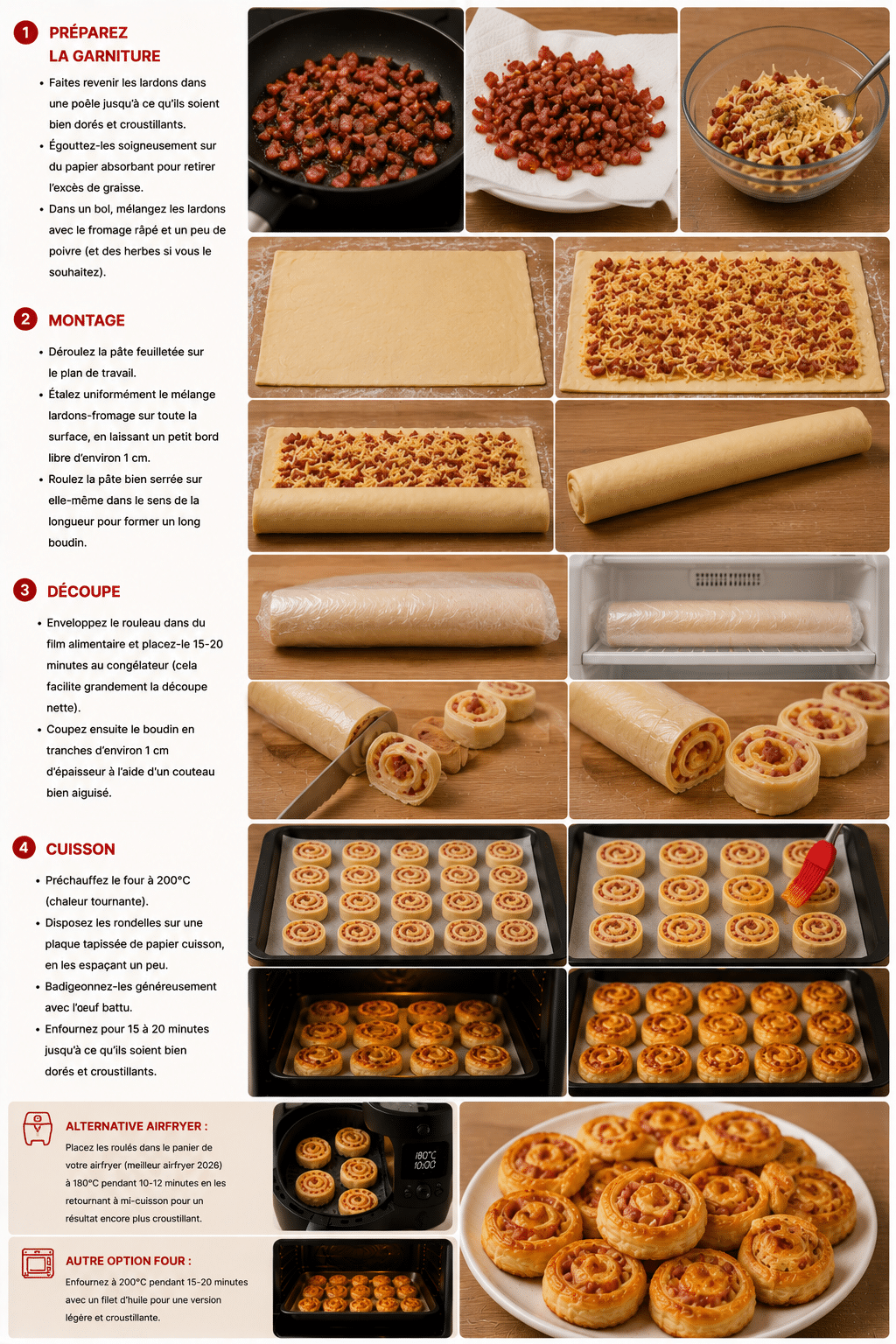 Le Guide de Préparation : Roulés Croustillants au Fromage et Lardons (Pâte Feuilletée) : les bouchées dorées et ultra gourmandes de l’apéritif