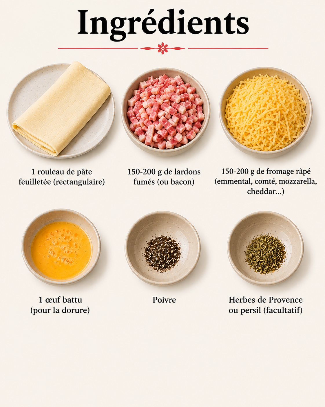 La Liste des Ingrédients : Roulés Croustillants au Fromage et Lardons (Pâte Feuilletée) : les bouchées dorées et ultra gourmandes de l’apéritif