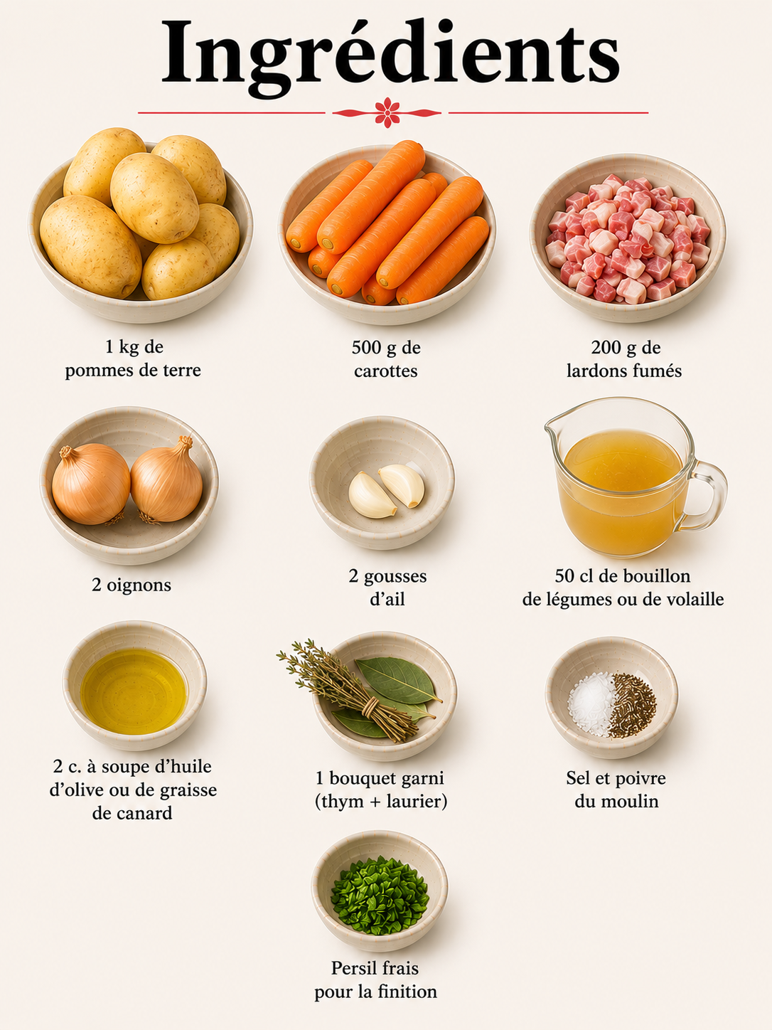 La Liste des Ingrédients : Ragoût du Pauvre aux Pommes de Terre, Carottes et Lardons