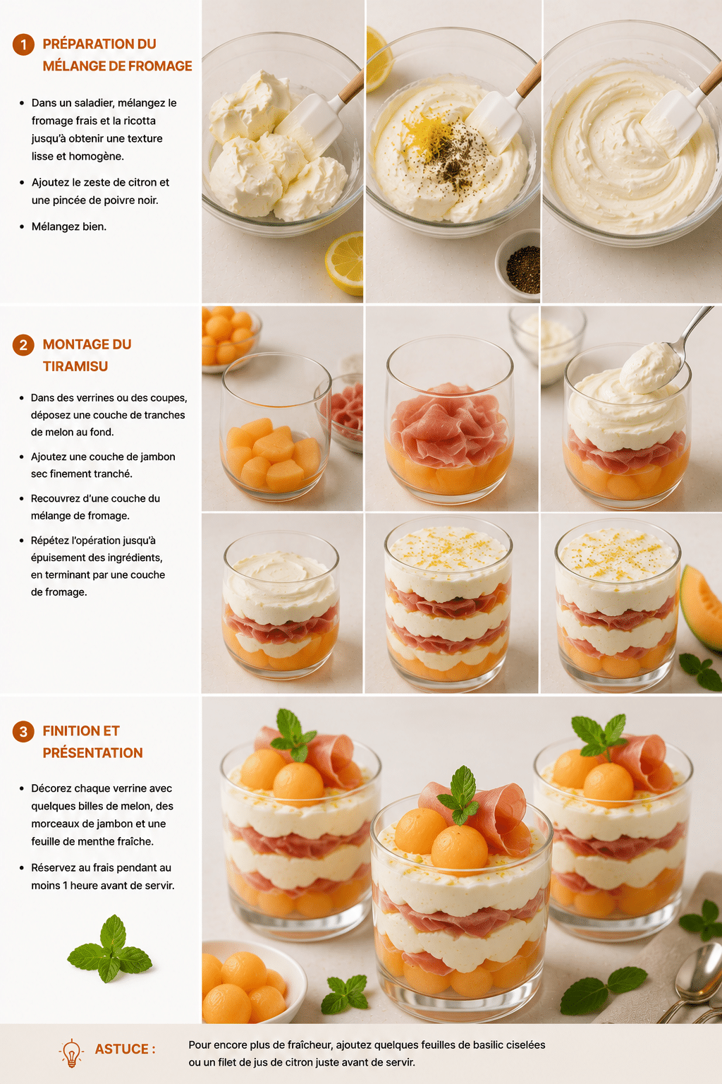 Le Guide de Préparation : Tiramisu Estival au Melon, Jambon Sec & Fromage Frais : la verrine fraîche et raffinée de l’été Le Guide de Préparation : Tiramisu Estival au Melon, Jambon Sec & Fromage Frais : la verrine fraîche et raffinée de l’été