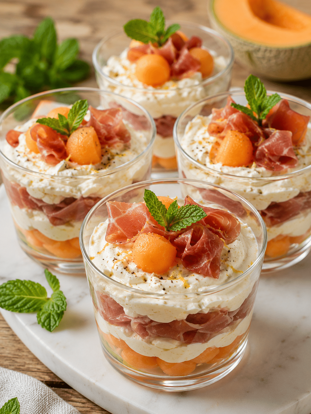Tiramisu Estival au Melon, Jambon Sec & Fromage Frais Tiramisu Estival au Melon, Jambon Sec & Fromage Frais