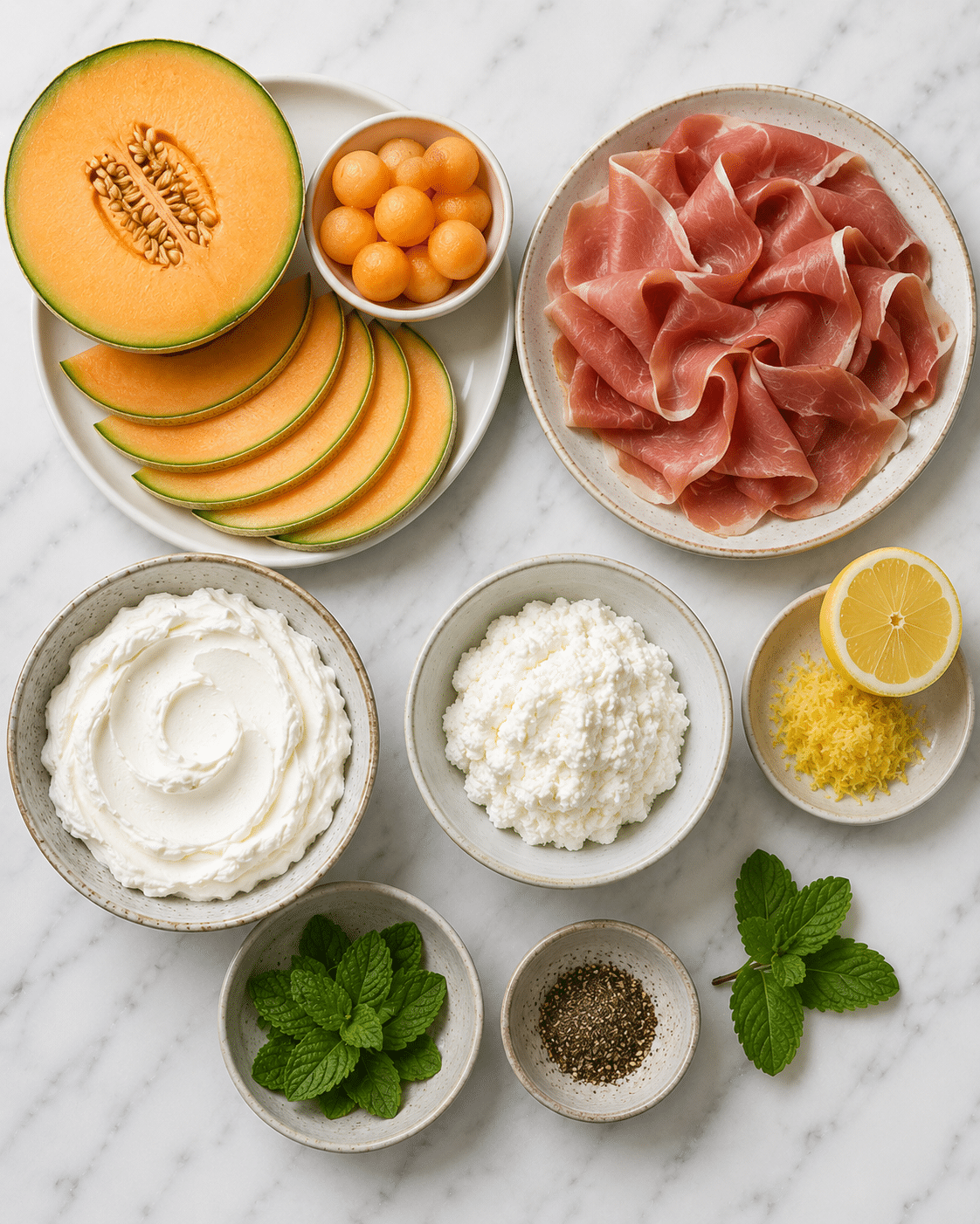 La Liste des Ingrédients : Tiramisu Estival au Melon, Jambon Sec & Fromage Frais : la verrine fraîche et raffinée de l’été