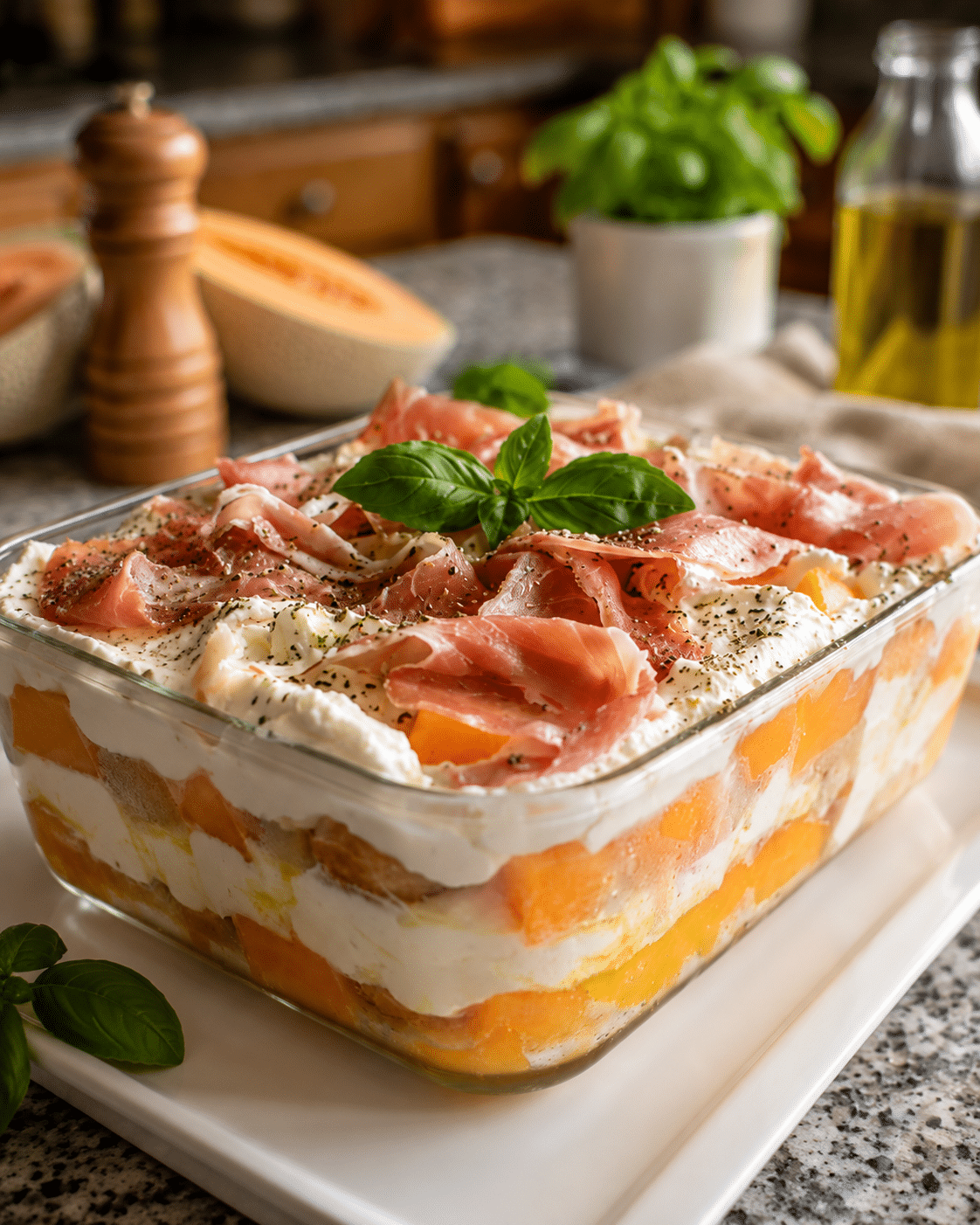 Tiramisu Estival au Melon, Jambon Sec & Fromage Frais