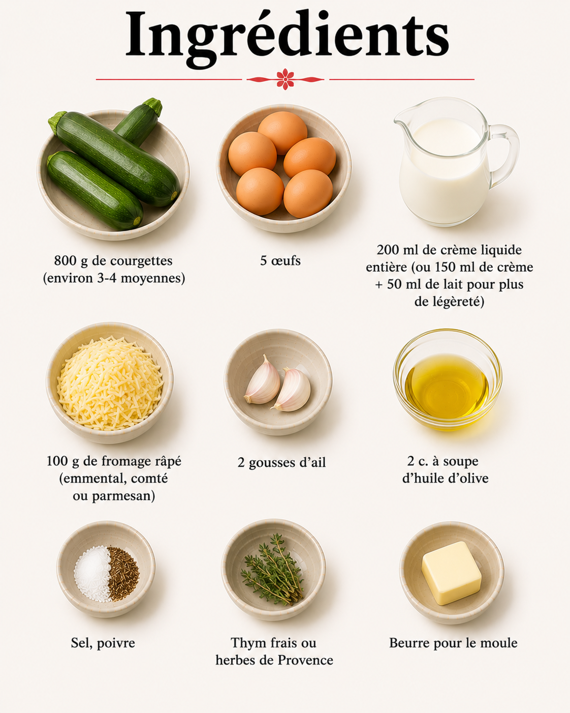 La Liste des Ingrédients : Flan de Courgettes Léger et Fondant : le plat aérien et savoureux de l’été