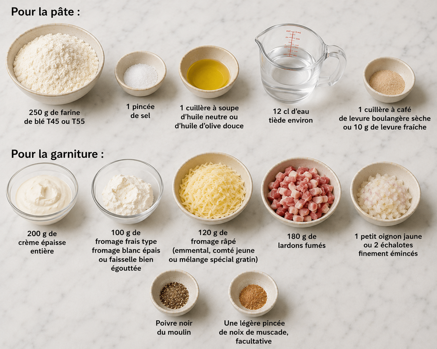 La Liste des Ingrédients : Flammekueche aux Lardons et au Fromage, Pâte Fine en Spirales : la version originale et gourmande de la tarte flambée alsacienne