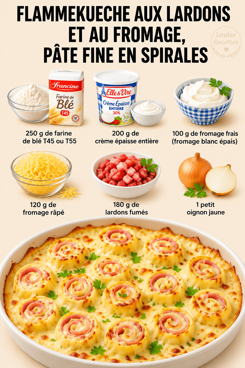 Flammekueche aux Lardons et au Fromage, Pâte Fine en Spirales : la version originale et gourmande de la tarte flambée alsacienne Flammekueche aux Lardons et au Fromage, Pâte Fine en Spirales : la version originale et gourmande de la tarte flambée alsacienne