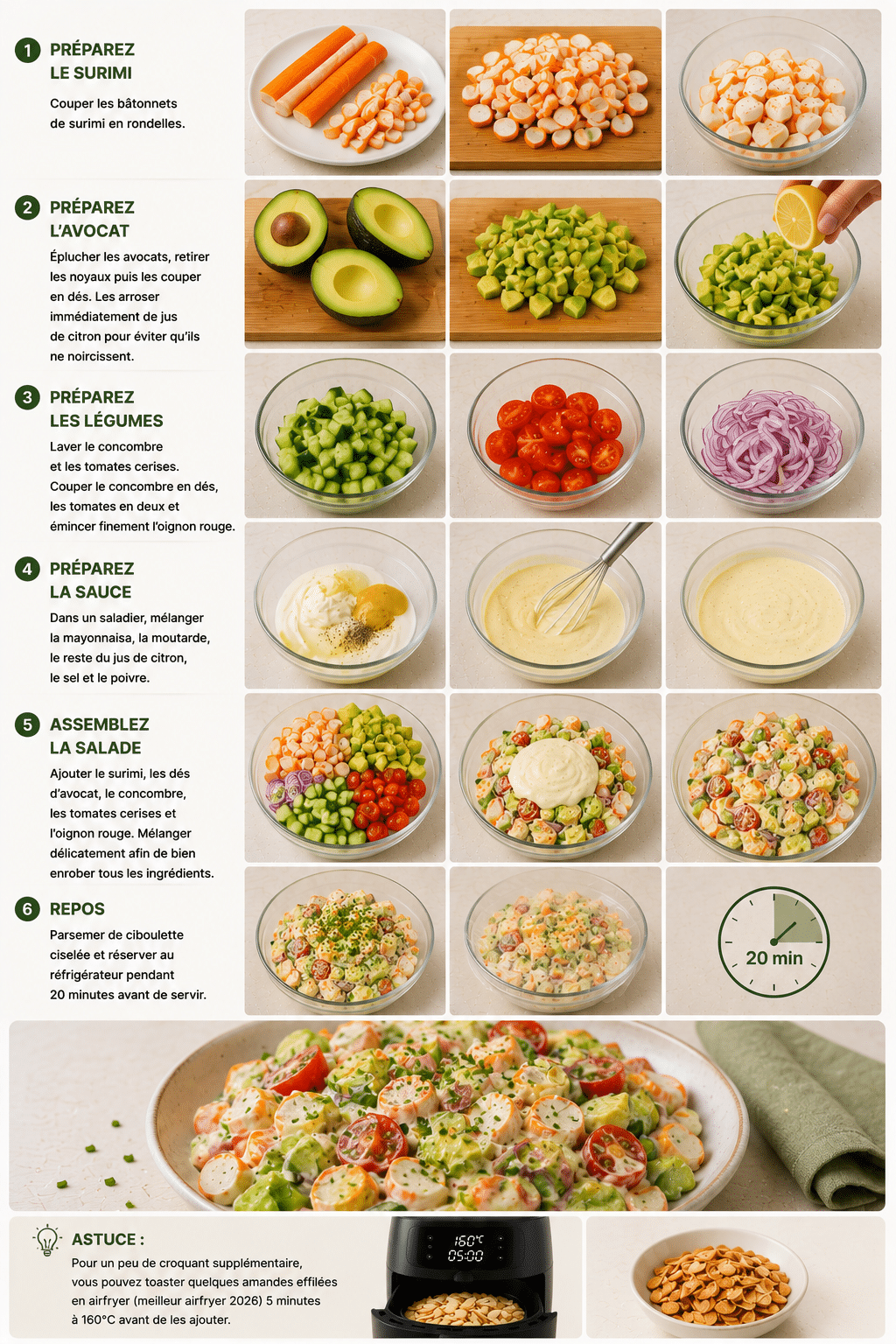 Le Guide de Préparation : Salade de Surimi et Avocat : la recette fraîche, crémeuse et ultra gourmande de l’été Le Guide de Préparation : Salade de Surimi et Avocat : la recette fraîche, crémeuse et ultra gourmande de l’été