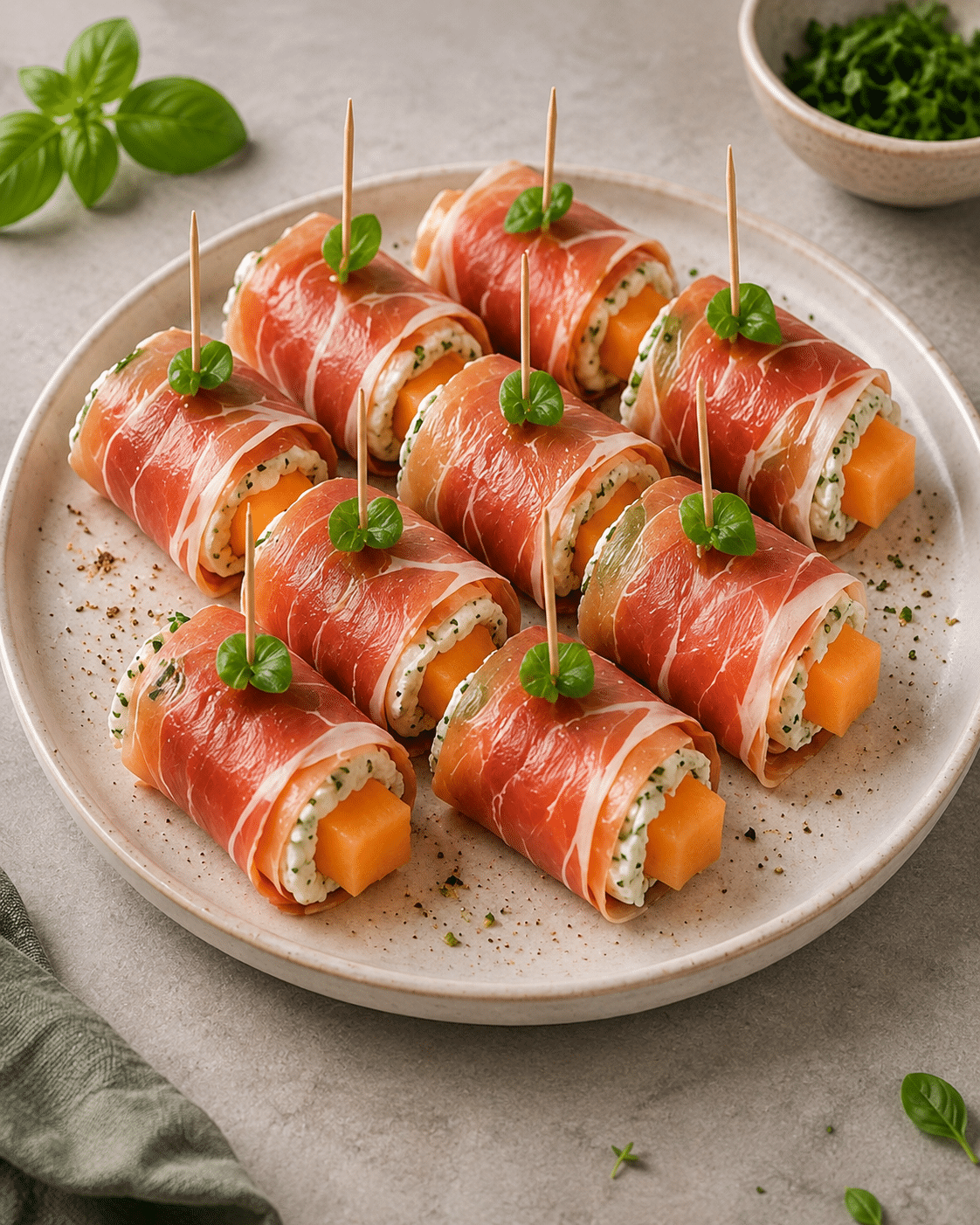 Roulés Jambon-Melon au Fromage Frais : l’apéritif frais, élégant