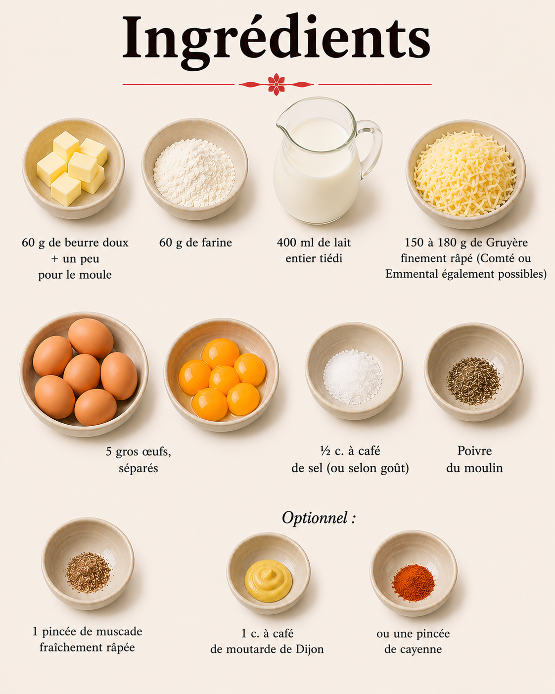 La Liste des Ingrédients : Soufflé au Fromage au Gruyère : le grand classique aérien et savoureux