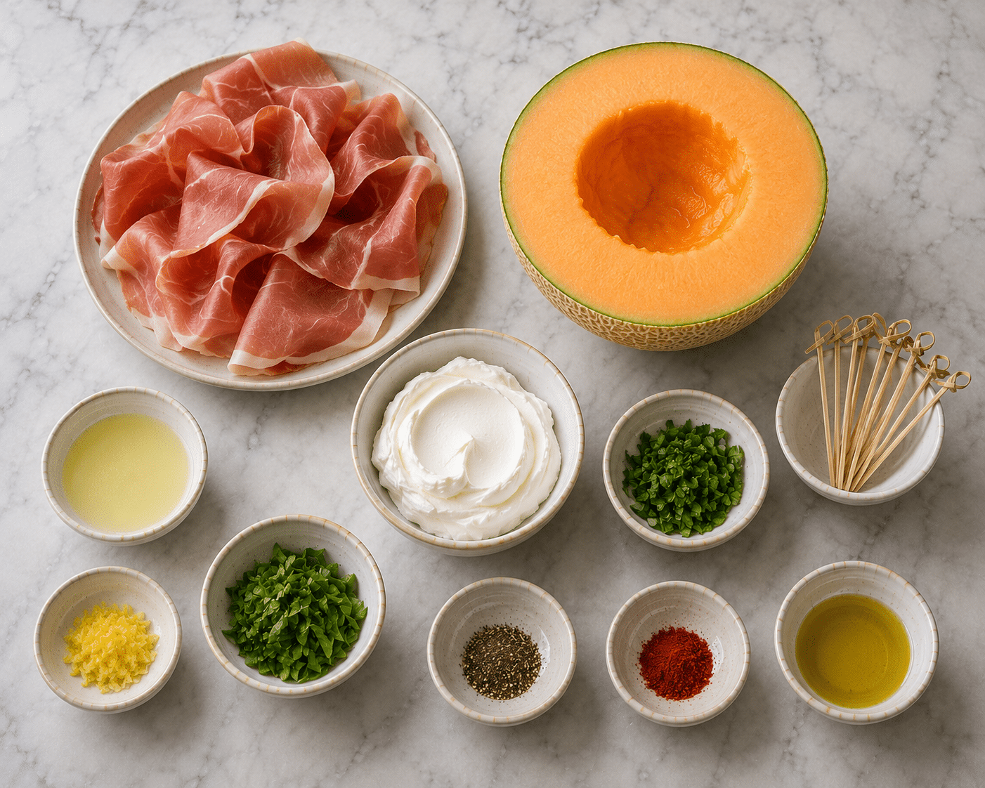 La Liste des Ingrédients : Roulés Jambon-Melon au Fromage Frais : l’apéritif frais, élégant et ultra savoureux