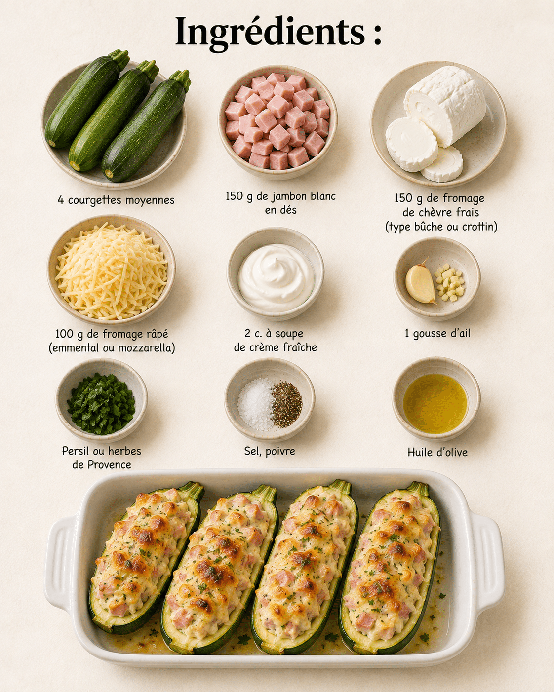 La Liste des Ingrédients : Courgettes Gratinées au Chèvre et au Jambon : le plat fondant, savoureux et ultra simple
