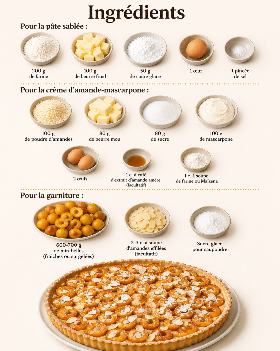 La Liste des Ingrédients : Tarte aux Mirabelles, Crème d’Amande et Mascarpone : le dessert onctueux et irrésistible