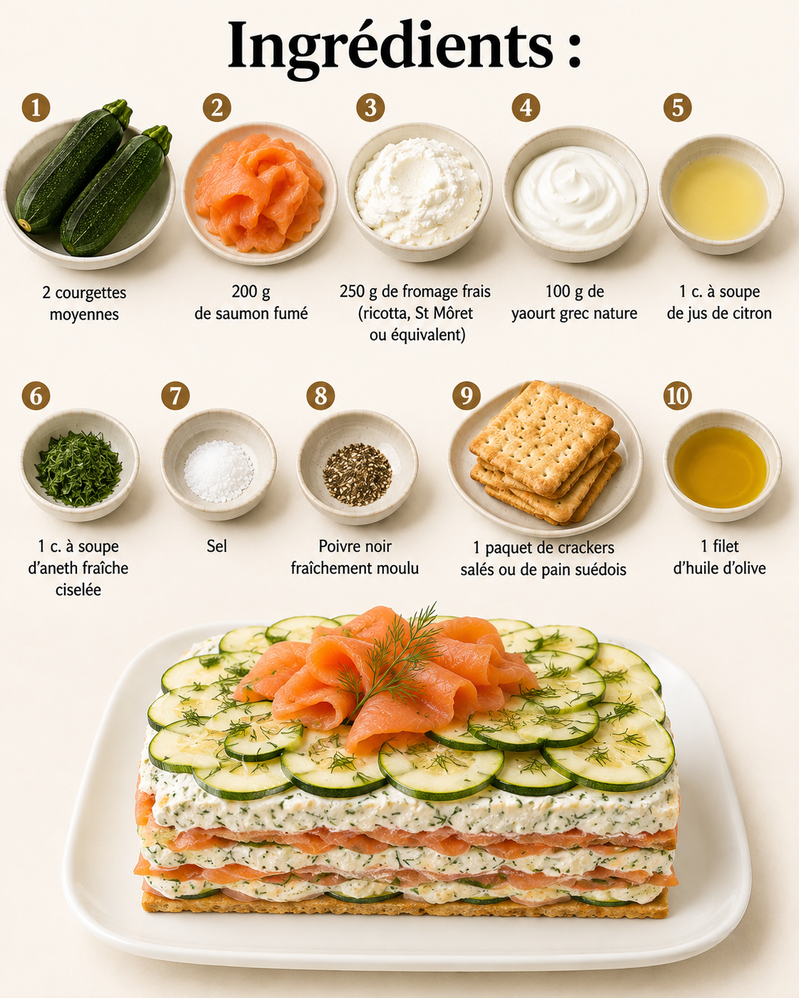 La Liste des Ingrédients : Tiramisu Salé aux Courgettes et Saumon Fumé : l’entrée fraîche, élégante et ultra savoureuse